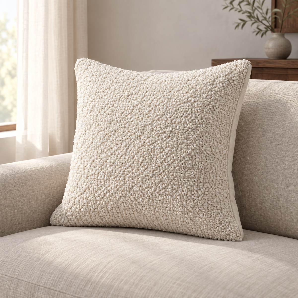 Aster Bouclé Cushion — carousel in-room use