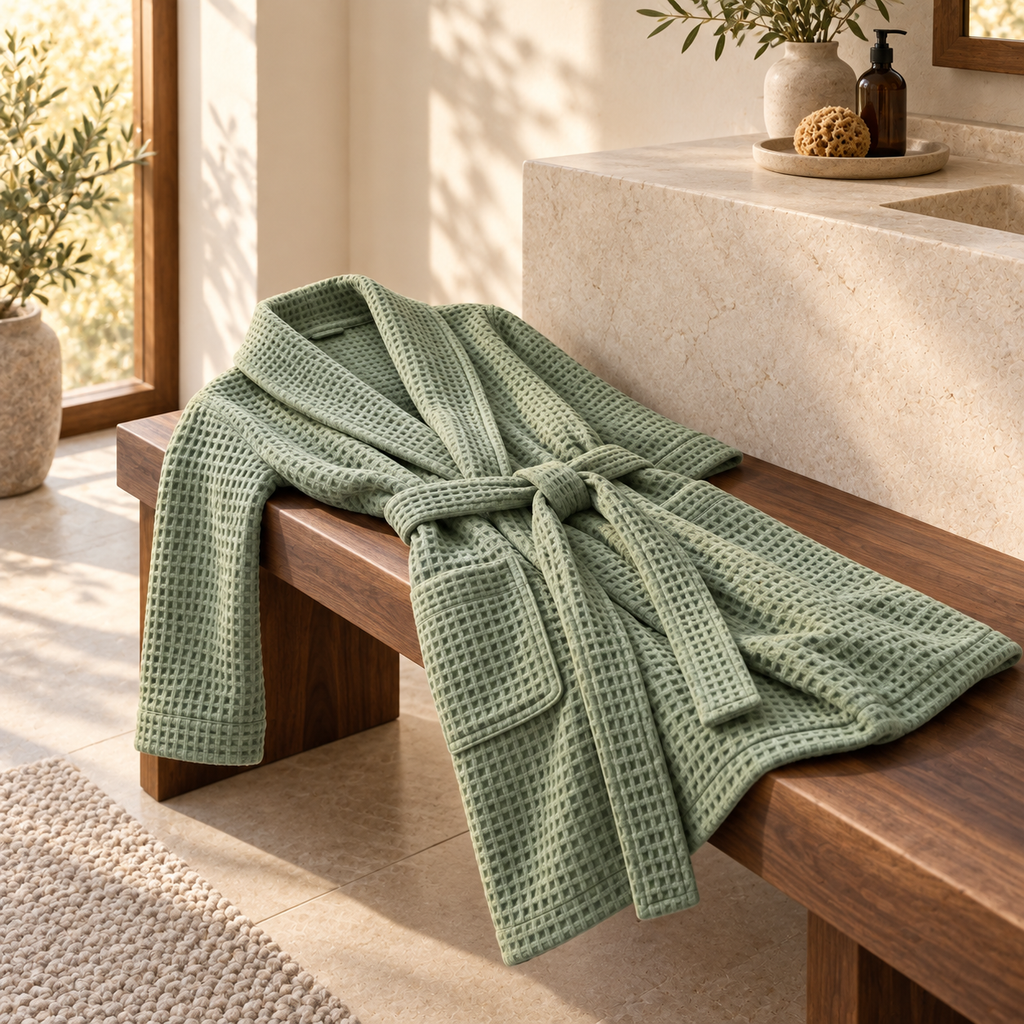 Mavi Waffle Robe — carousel in-room use